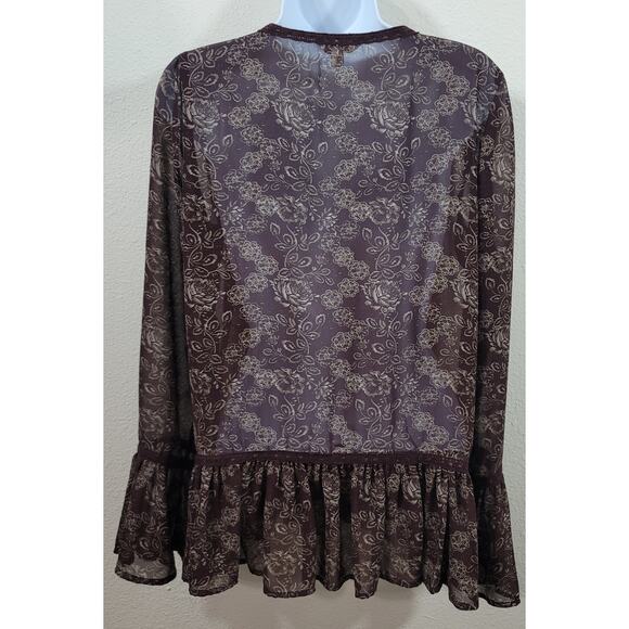 Charming Charlie Brown Floral Peplum Sheer Top Medium Lightweight Pleated Front - Picture 3 of 7